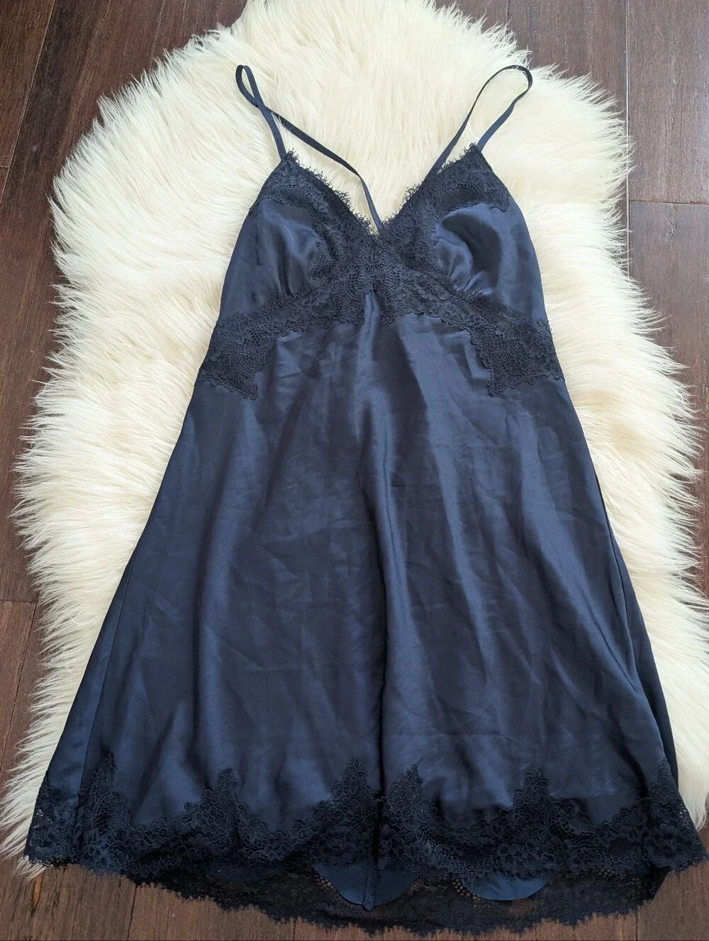 Abercrombie & Fitch Women's Lace Satin Nightie Slip Dress Chemise Nightgown Navy